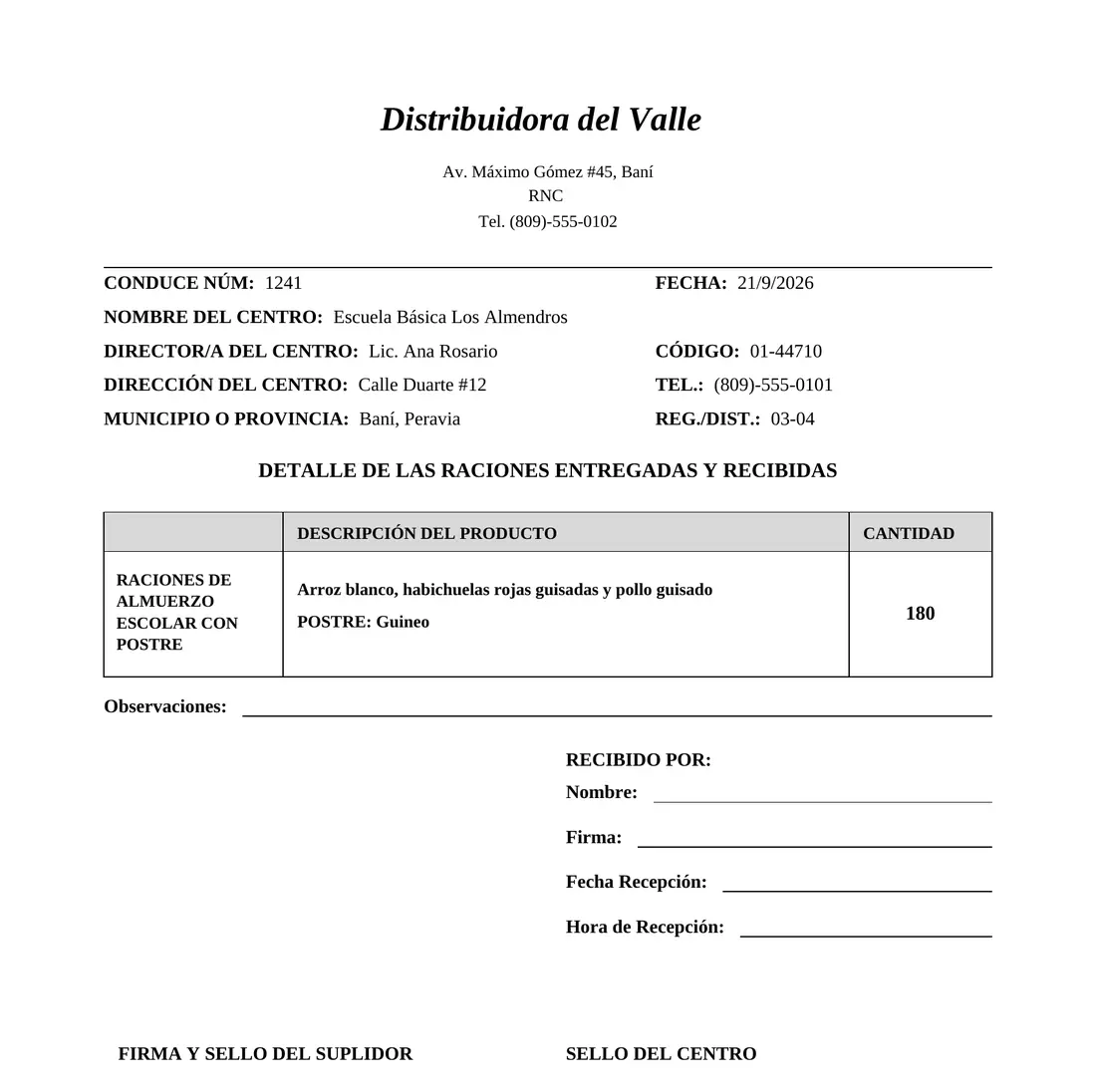 Conduce número 1241 generado por Conducely para la Escuela Básica Los Almendros, con datos del centro, menú del día, 180 raciones y espacio para firmas.